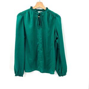 LOFT holiday green blouse high tie neck balloon sleeve christmas top flowy M
